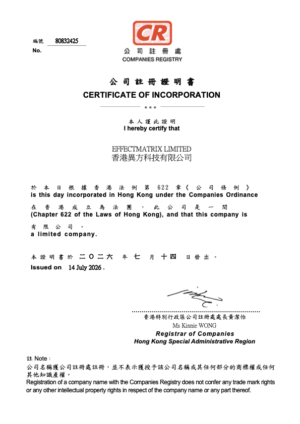 EFFECTMATRIX - Certificate of Incorporation